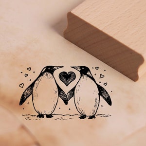 Timbre motif pingouin amour - tampon coeur pingouins tampon en bois 48 x 28 mm - scrapbooking gaufrage artisanat estampage cadeau mariage