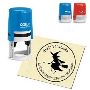 Stamp Address stamp personalized - witch on broom - about ∅ 40 mm