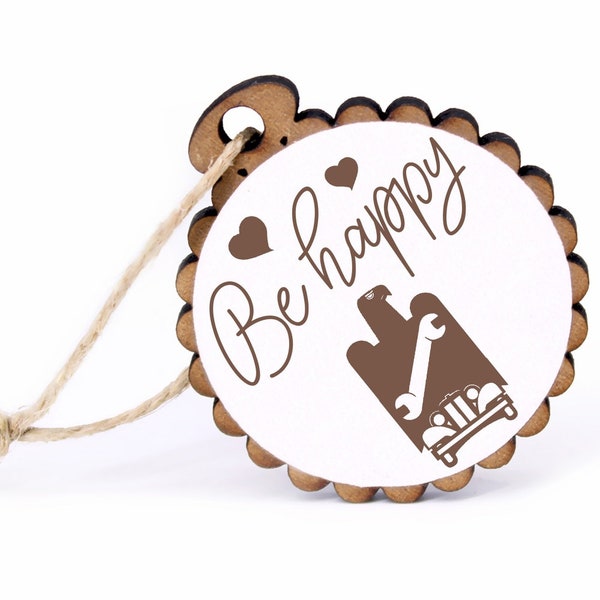 Pendentif Cadeau - Be Happy Mechanic - Bois Ø-5 cm - avec Ruban de Jute - Pendentif Signe Porte-Clés Porte-Clés Porte-Clés Décoration