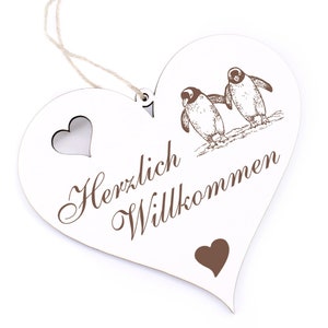 Welcome Shield - Penguin Pair - Decoration Heart Wood - Door Sign 13 x 12 cm - Heart Shield Door Decoration Family House Entrance Decoration Shield Penguins