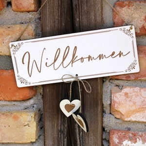 Sign welcome and 2 hearts - door sign vintage decorative sign - 23 x 9 cm - welcome sign door decoration family front door decoration gift