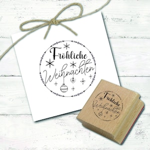 Motivstempel Fröhliche Weihnachten - Kranz Schneeflocken Baumkugeln Stempel - Ø 48 mm Holzstempel Scrapbooking Basteln Stempeln