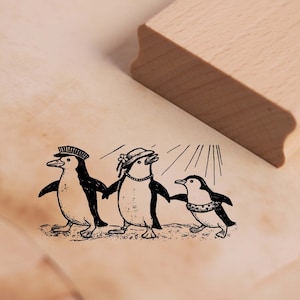 Francobollo con motivi estate famiglia di pinguini sulla spiaggia sole - francobollo 58 x 28 mm - francobollo in legno pinguini spiaggia artigianato francobolli scuola materna