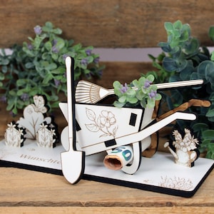Geld cadeau tuin verjaardag met kruiwagen, gieter en bloemen - incl. gewenste tekst naam - teken voor geldbon bon cadeau