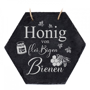 Beekeeper shield made of slate bees Decoration - Honey from industrious bees - Shape honeycomb 18 x 16 cm - Door sign slate gift beekeeping bee