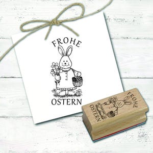 Motivstempel Frohe Ostern - Frau Osterhase Blumen und Ostereier Stempel Holzstempel 28 x 58 mm - Scrapbooking Embossing Basteln Stempeln