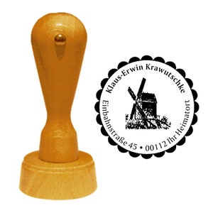 Timbro indirizzo "WINDMÜHLE 01" con indirizzo personale e motivo - timbro timbro in legno nome Olanda Paesi Bassi mugnaio mulino