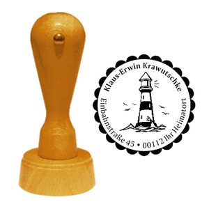 Indirizzo timbro «Faro 02» con indirizzo personale e soggetto - legno francobolli nome Mare Nord Baltico costa marittima sailor capitano