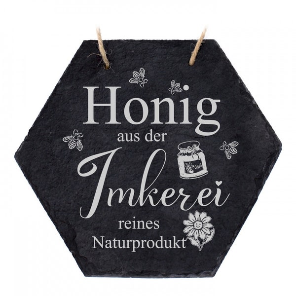 Imker Schild aus Schiefer Bienen Deko - Honig aus der Imkerei Naturprodukt - Sechseck Wabe 18x16cm - Türschild Schiefertafel Hofladen Garten