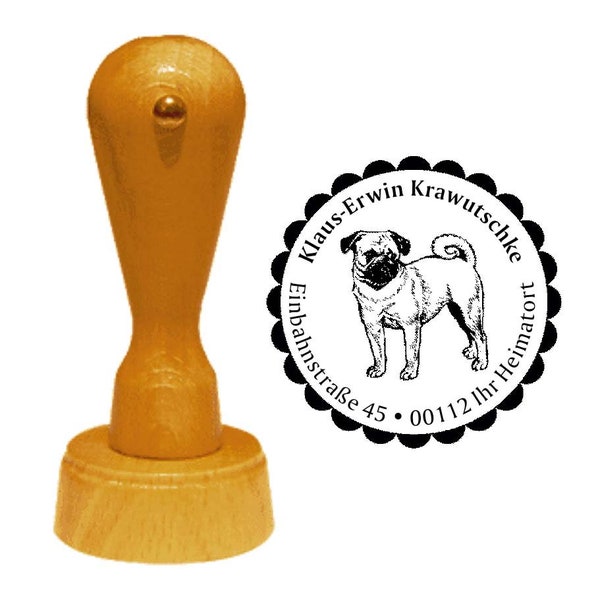 Adressstempel Hund « MOPS 01» mit persönlicher Anschrift und Motiv - Stempel Name Holzstempel beliebte Hunderasse China Schoßhund Pug Carlin