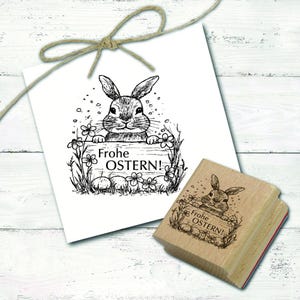 Timbre motif lapin de Pâques avec signe Joyeuses Pâques - tampon lapin tampon en bois 68 x 68 mm - scrapbooking estampage artisanat école maternelle