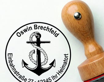 Personalized wooden address stamp – round – anchor motif – nautical wooden stamp for letters & cards