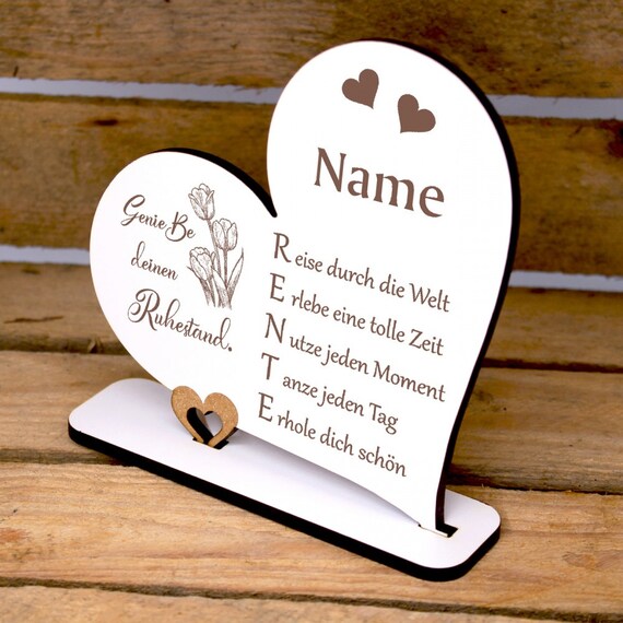 Deko Herz Aufsteller mit Spruch Genieße deinen Ruhestand und persönlichem Namen - Schild Rente Geschenk Geldgeschenk Geld Gutschein Rentner
