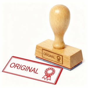 Könnte beinhalten: Ein Holzstempel mit dem Wort "ORIGINAL" auf dem Stempel und auf einem rot-weißen Etikett. Der Stempel hat einen Holzgriff und eine rechteckige Basis. Eine rote Schleifengrafik befindet sich auf dem Etikett.