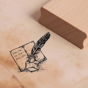 Motiefstempel inktpotje met veer - stempel vintage nostalgie 48 x 48 mm - houten stempel scrapbooking embossing stempelen ambachtelijk cadeau