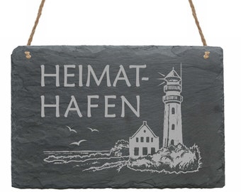 Slate Top Home Port - Lighthouse Seagulls House - Shield 22x16 - Deco Sign Door Sign Maritime Decoration Gift North Sea Sea