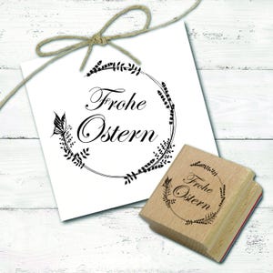 Motivstempel Frohe Ostern - Vintage Kranz mit Schmetterling Stempel 48 x 48 mm - Holzstempel Scrapbooking Osterstempel Kindergarten Schule