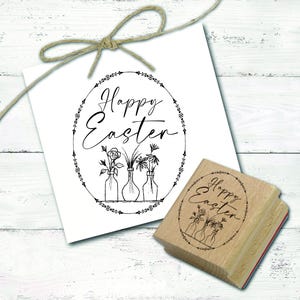 Ostern Motivstempel Happy Easter - Osterei mit Blumenvasen Stempel 38 x 48mm - Holzstempel Scrapbooking Osterstempel Ostergeschenk