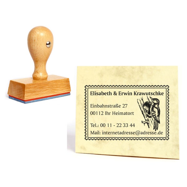 Stempel Buntspecht Briefmarke - mit Name und Adresse ca. 60 x 40 mm • Adressenstempel Adressstempel Motivstempel • Familie Specht Vogel Baum