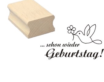 Stempel Schon wieder Geburtstag - Vogel Taube Blume - 50x30 - Holzstempel Motivstempel - Grüße Grußkarte Glückwunsch Liebe Happy Birthday