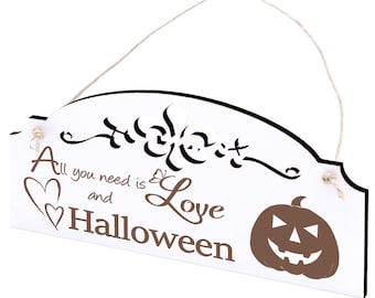 Schild Halloween Kürbiskopf Deko 20x10cm - All you need is Love and Halloween - Holz - Türschild Dekoschild Vintage Shabby Ornament Geschenk