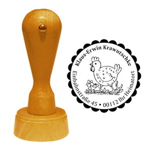 Stamp Wooden Stamp Address Stamp " HUHN on the WIESE" with personal address and motif name Farmer Country House Eggs Egg Flowers Farm
