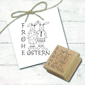 Motivstempel Frohe Ostern - Osterhasenpaar Stempel Holzstempel 38 x 48 mm - Scrapbooking Embossing Basteln Stempeln Geschenk Osterstempel