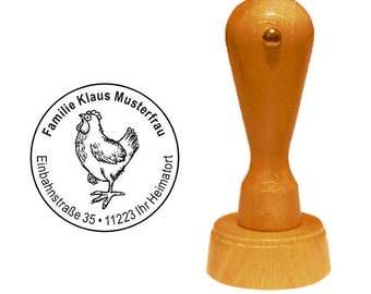 Stamp Wooden Stamp Proud Chicken - with name and address Ø 35 mm