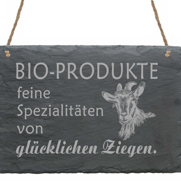 Wetterfeste Schiefertafel Bio Produkte - feine Spezialitäten von glücklichen Ziegen - Schild 22x16 - Hofladen Bauernhof Landhaus Bauer Hirte