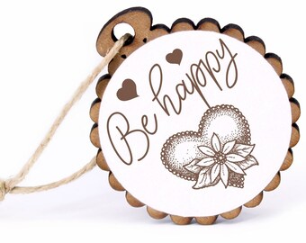 Pendentif Cadeau - Be Happy Heart with Flower - Bois Ø-5 cm - avec Ruban de Jute - Pendentif Bouclier Porte-Bonheur Porte-Clés En Bois Décoration