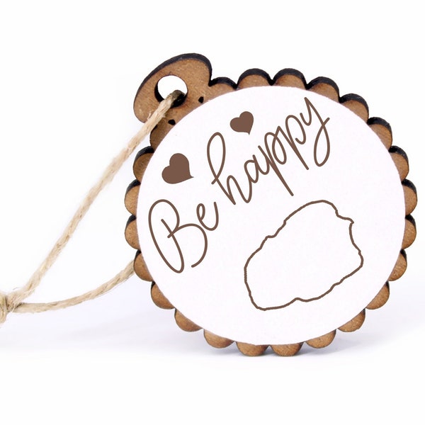 Gift Pendant - Be Happy Island Föhr - Wood Ø-5 cm - with Jute Ribbon - Pendant Sign Lucky Charm Keychain Wooden Pendant Decoration