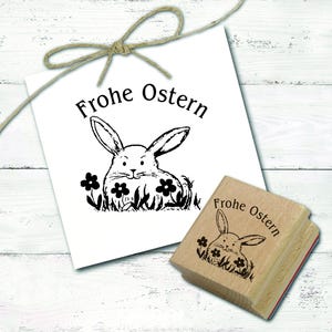 Stamp Happy Easter - cute Easter bunny on flower meadow - 40 x 40 mm - rabbit motif stamp gift scrapbooking school kindergarten