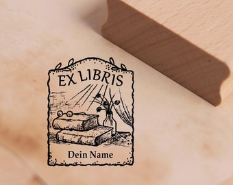 Ex Libris Stamp with Name - Windows, Vase and Books Exlibris motif stamp 38 x 48 mm - Wooden stamp Book stamp Book stamp gift