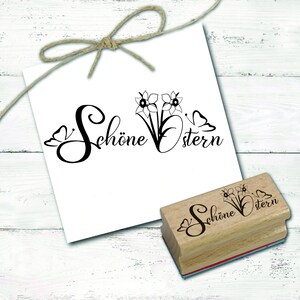Timbro con motivo Buona Pasqua - Timbro con farfalla e narcisi 68 x 28 mm - Timbro in legno Scrapbooking Goffratura Timbro pasquale Artigianato Primavera