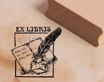 Motivstempel Ex Libris - Tintenfass mit Feder Stempel 48 x 48 mm Exlibris - Holzstempel Scrapbooking Embossing Geschenk Mama Oma Buch Brief