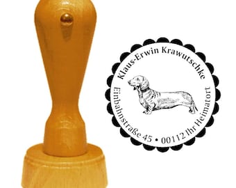 Sello de dirección Perro « DACHSHUND SHORTHAIR » con dirección personal y motivo - Sello Sello de madera Nombre Perro raza Teckel Dachshund Jäger