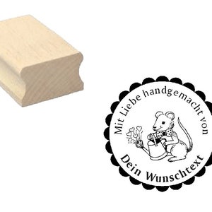 Handmade Stempel « NIEDLICHE MAUS - mit Liebe HANDGEMACHT » + Wunschtext Wunschname Name Handarbeit persönliches Geschenk Schenken Florist