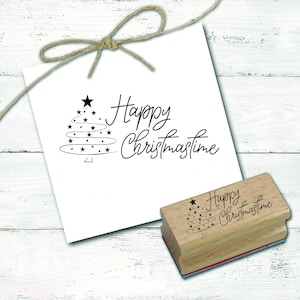 Timbro Happy Christmastime - Timbro con motivo albero di Natale e stelle ca. 98 x 42 mm • Timbro in legno Timbro natalizio San Nicola Avvento Natale Natale