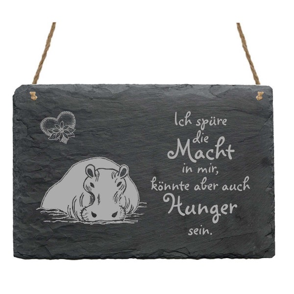 Slate panel NILPFERD » I feel the POWER in me » Animals Funny Sayings Sign Decoration Door Sign Wall Sign Saying Hunger Hippo Heart