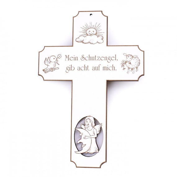 Schutzengel Engel Holzkreuz graviert Mein Schutzengel gib acht auf mich  Kreuz Kind 15x22cm Geschenk Taufe Geburtstag Geburt Kinderzimmer - .de