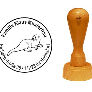 Stamp wooden stamp « FISCHOTTER OTTER » with name and address Ø 35 mm