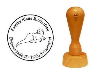 Stamp wooden stamp « FISCHOTTER OTTER » with name and address Ø 35 mm