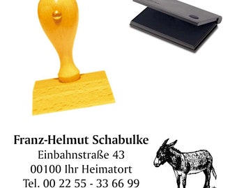 Wooden stamp - donkey - stamp with name and address incl. stamp pad