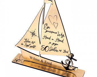 Golden Wedding Decoration Wedding Anniversary 50 Years Anniversary Personalized Display Ship - Gold Look - Gift Wedding Anniversary Name Date Anchor