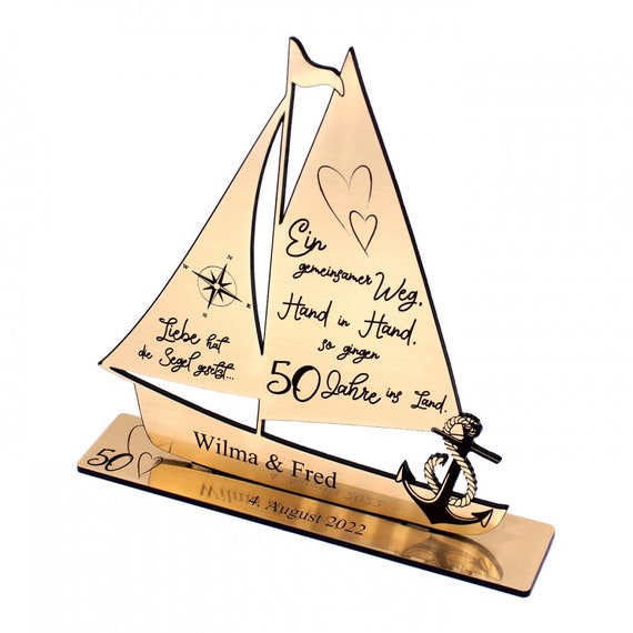 Goldene Hochzeit Deko Hochzeitstag 50 Jahre Jubiläum personalisiert Aufsteller Schiff - Gold Optik - Geschenk Hochzeitstag Name Datum Anker
