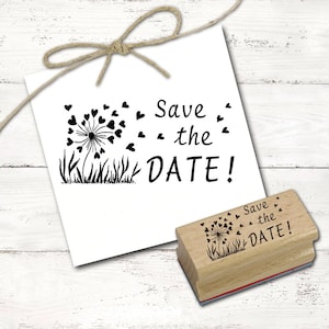 Timbro con motivi Save the Date Timbro con dente di leone e cuori - Timbro per matrimonio Timbro in legno 58 mm x 28 mm