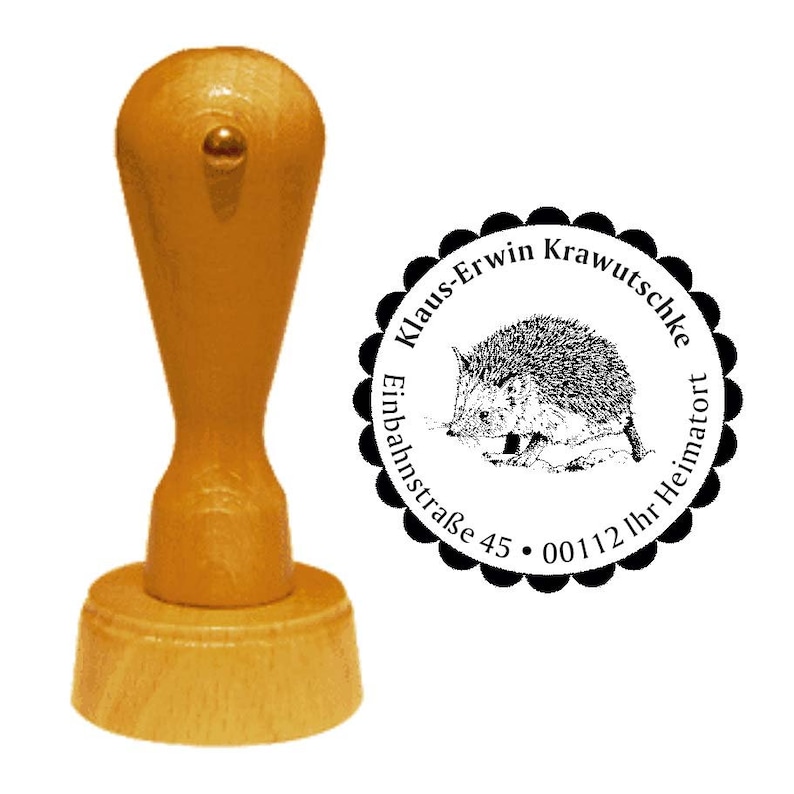 Address stamp \u00abIGEL\u00bb with personal address and motif-stamp wood stamp name small animal rodent rodent nature spines autumn