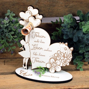 Geldgeschenk Herz mit Blumen und Ballons - inkl. Wunschtext - Schild für Geld Gutschein Gutscheingeschenk Geburtstagsgeschenk Geschenk Liebe