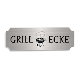 Self-adhesive shield in aluminum look «GRILLECKE» with motif GRILL silver door sign decorative sign grilling gift barbecue master garden