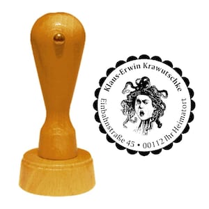 Stempel adresowy &quot;MEDUSA&quot; z adresem osobistym i motywem - znaczek drewniany znaczek imię mitologia grecka mit szałwia gorgona demon